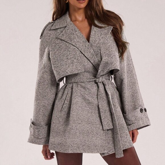 Grey Casual Women's Drop-Shoulder Sleeve Plaid Oversized Trench Coats - Picture 6 of 8